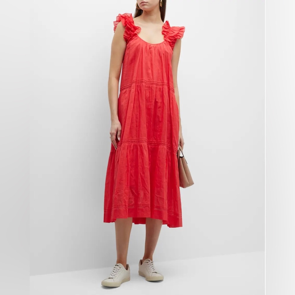 The Great The Dove Tiered Midi Dress in Tart Red Romantic Cotton Voile